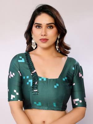 Teal Printed Satin Digital Print Saree With Blouse Piece 4