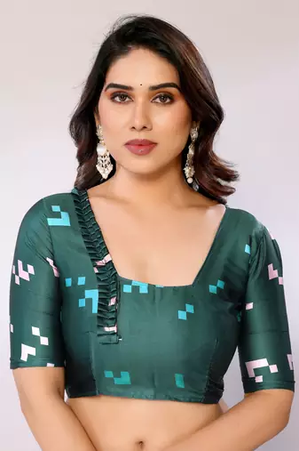 Teal Printed Satin Digital Print Saree With Blouse Piece