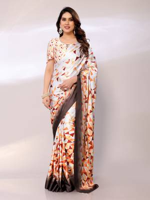 White Printed Satin Digital Print Saree With Blouse Piece 1