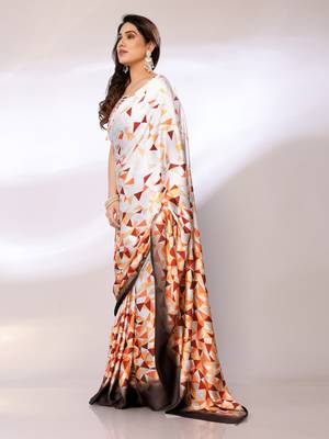White Printed Satin Digital Print Saree With Blouse Piece 2