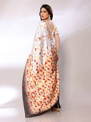 White Printed Satin Digital Print Saree With Blouse Piece 3