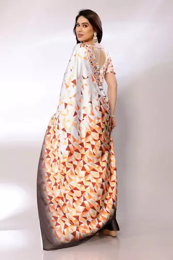 White Printed Satin Digital Print Saree With Blouse Piece