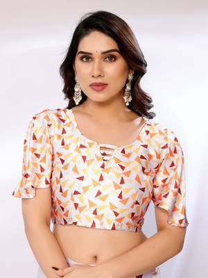 White Printed Satin Digital Print Saree With Blouse Piece 4