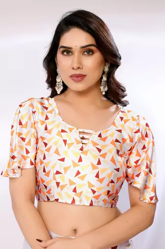 White Printed Satin Digital Print Saree With Blouse Piece