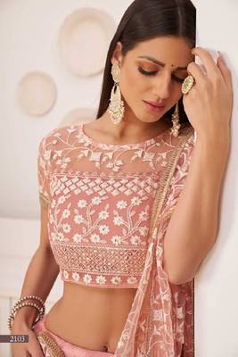 Light Pink Embroidered Net Semi Stitched Lehenga 2