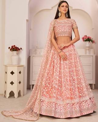 Light Pink Embroidered Net Semi Stitched Lehenga 3