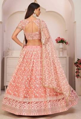 Light Pink Embroidered Net Semi Stitched Lehenga 4