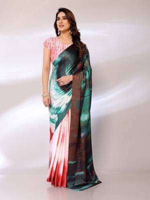 Green Printed Satin Digital Print Saree With Blouse Piece 1
