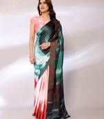 Green Printed Satin Digital Print Saree With Blouse Piece
