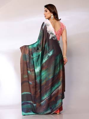 Green Printed Satin Digital Print Saree With Blouse Piece 2