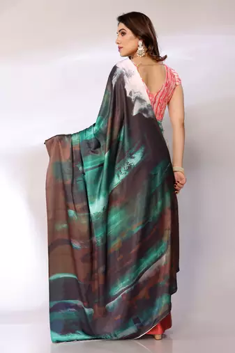 Green Printed Satin Digital Print Saree With Blouse Piece