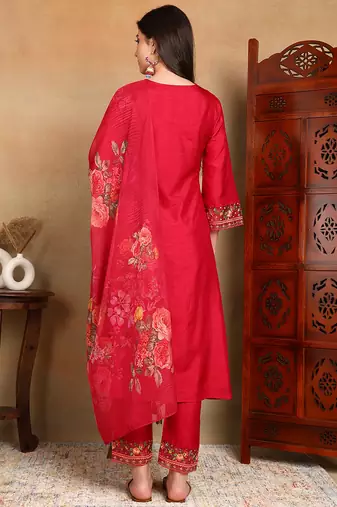 Pink solid silk blend embroidered fancy straight trousers with dupatta