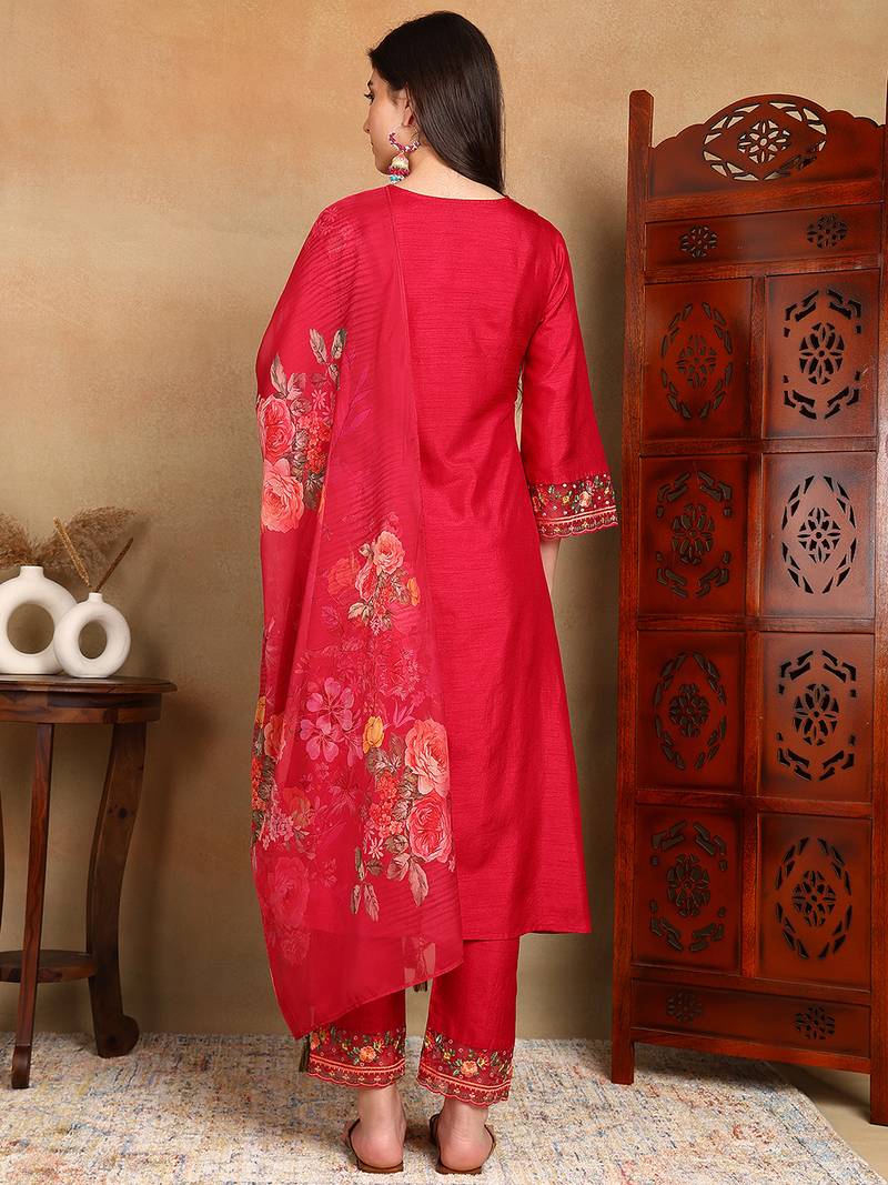 Pink solid silk blend embroidered fancy straight trousers with dupatta