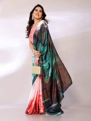 Green Printed Satin Digital Print Saree With Blouse Piece 3