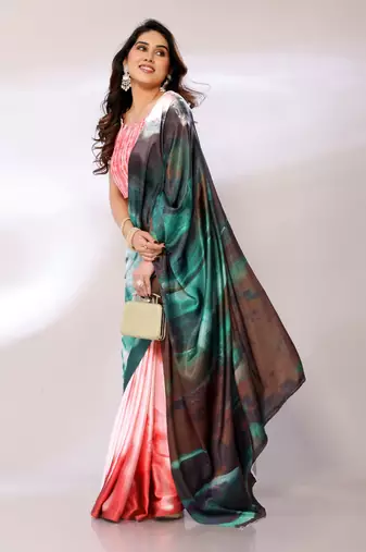 Green Printed Satin Digital Print Saree With Blouse Piece