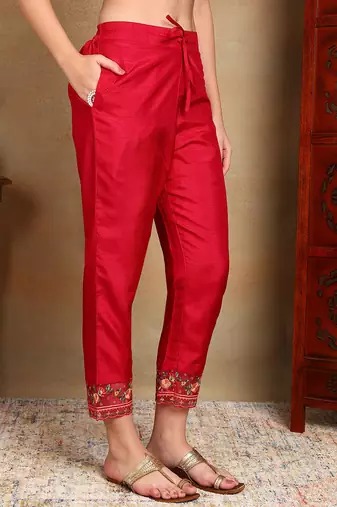 Pink solid silk blend embroidered fancy straight trousers with dupatta