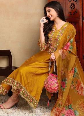 Mustard solid silk blend embroidered fancy straight trousers with dupatta 2