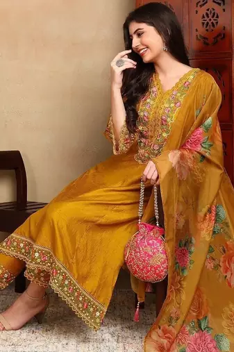 Mustard solid silk blend embroidered fancy straight trousers with dupatta
