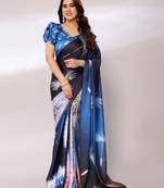 Blue Printed Satin Digital Print Saree With Blouse Piece