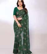 Green Printed Georgette Mukaish Foil Saree With Blouse Piece