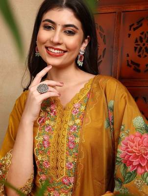 Mustard solid silk blend embroidered fancy straight trousers with dupatta 1