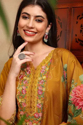 Mustard solid silk blend embroidered fancy straight trousers with dupatta