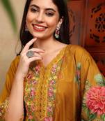 Mustard solid silk blend embroidered fancy straight trousers with dupatta