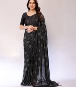 Black Printed Georgette Mukaish Foil Saree With Blouse Piece
