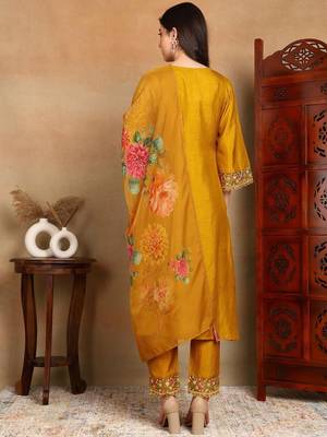 Mustard solid silk blend embroidered fancy straight trousers with dupatta 3