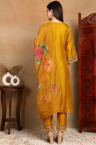 Mustard solid silk blend embroidered fancy straight trousers with dupatta