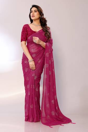 Pink Printed Georgette Mukaish Foil Saree With Blouse Piece