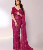 Pink Printed Georgette Mukaish Foil Saree With Blouse Piece
