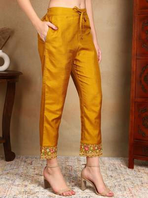 Mustard solid silk blend embroidered fancy straight trousers with dupatta 4