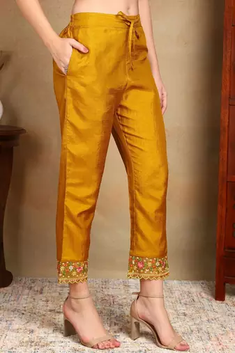 Mustard solid silk blend embroidered fancy straight trousers with dupatta