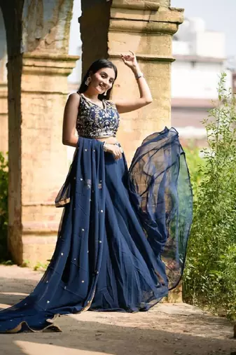 Navy Blue Georgette Sequin Embroidery Lehenga Choli