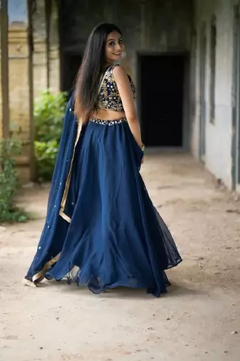 Navy Blue Georgette Sequin Embroidery Lehenga Choli