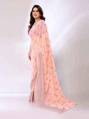 Peach Printed Georgette Mukaish Foil Saree With Blouse Piece 2
