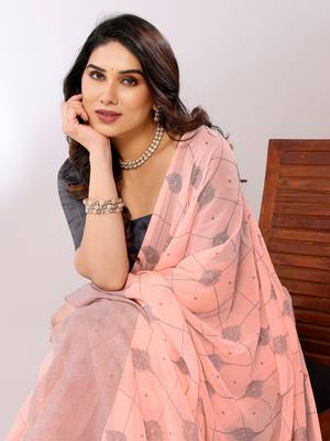 Peach Printed Georgette Mukaish Foil Saree With Blouse Piece 3