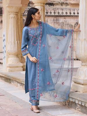 Women Blue solid silk blend embroidered fancy straight trousers with dupatta 1