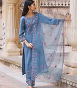 Women Blue solid silk blend embroidered fancy straight trousers with dupatta