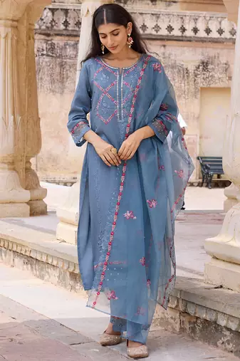 Women Blue solid silk blend embroidered fancy straight trousers with dupatta