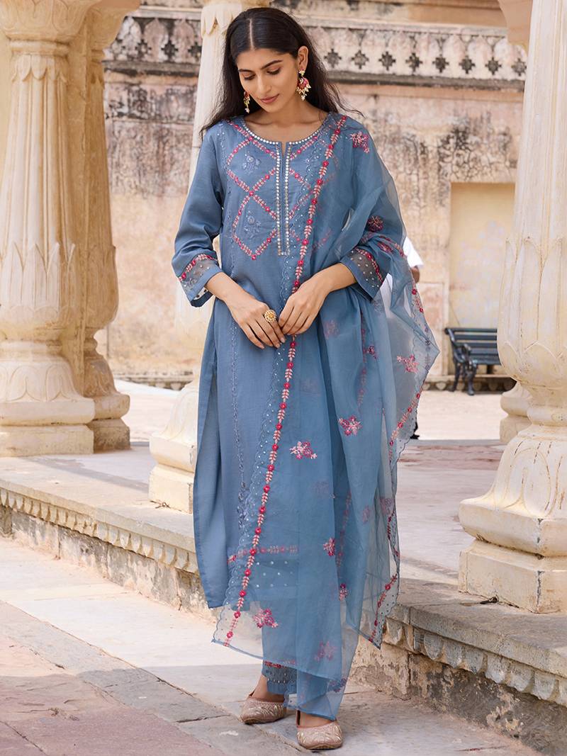 Women Blue solid silk blend embroidered fancy straight trousers with dupatta