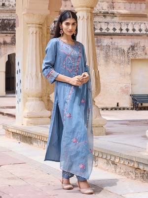 Women Blue solid silk blend embroidered fancy straight trousers with dupatta 3