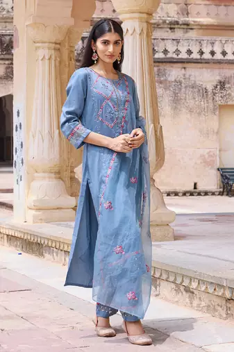 Women Blue solid silk blend embroidered fancy straight trousers with dupatta