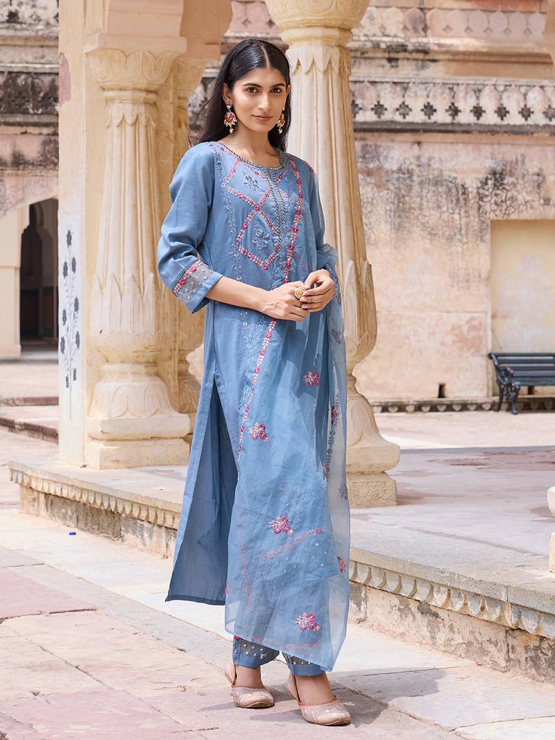 Women Blue solid silk blend embroidered fancy straight trousers with dupatta