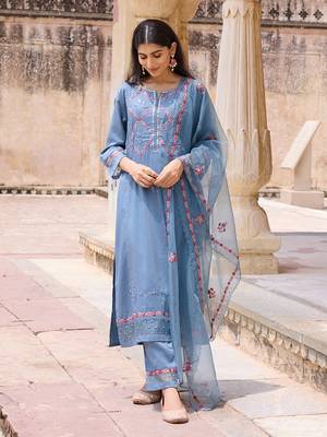 Women Blue solid silk blend embroidered fancy straight trousers with dupatta 4