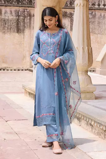 Women Blue solid silk blend embroidered fancy straight trousers with dupatta