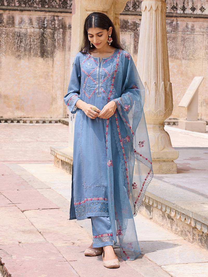 Women Blue solid silk blend embroidered fancy straight trousers with dupatta