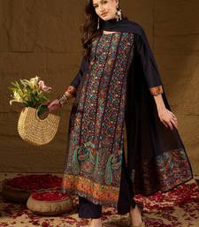 Women Navy-blue solid silk blend woven fancy straight trousers with dupatta