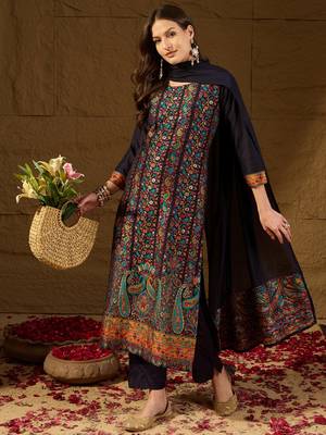 Women Navy-blue solid silk blend woven fancy straight trousers with dupatta 2